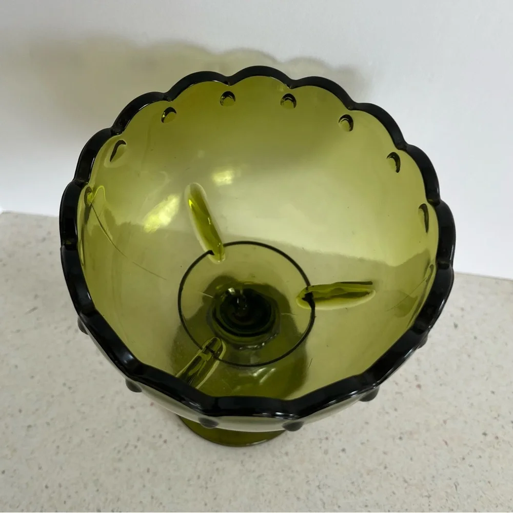 Vintage Pedestal Olive Green Indiana Glass Compote Candy Dish Bowl 7” X 5.5”